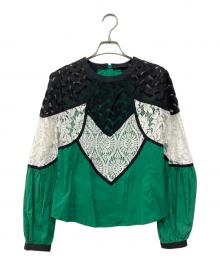Adonisis（アドニシス）の古着「3レースミックスバルーンスリーブブラウス」｜グリーン