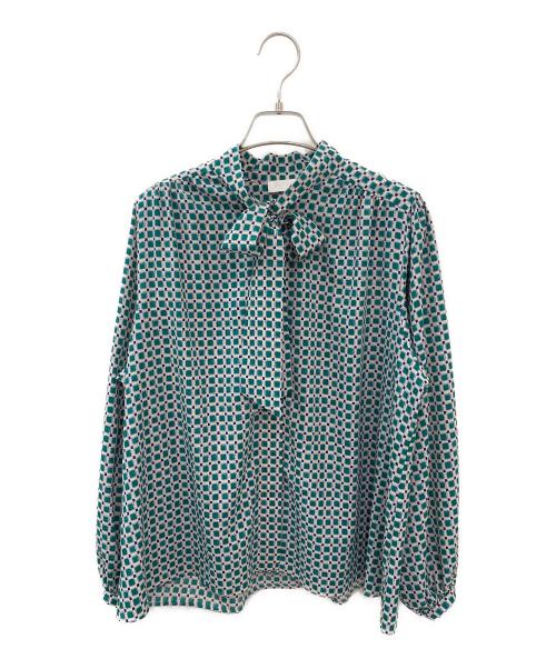 BALLSEY（ボールジィ）BALLSEY (ボールジィ) カラーグリッドプリントボウタイブラウス グリーン サイズ:36の古着・服飾アイテム