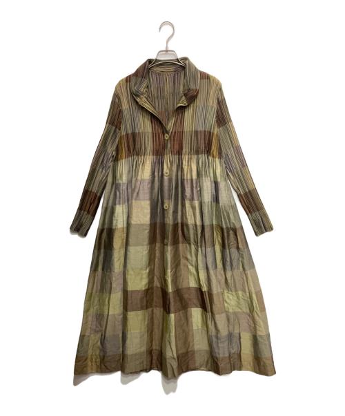 ISSEY MIYAKE（イッセイミヤケ）ISSEY MIYAKE (イッセイミヤケ) プリーツチェックワンピース オリーブ サイズ:3の古着・服飾アイテム