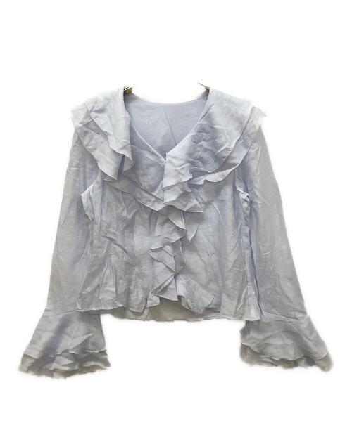 FRAY ID（フレイ アイディー）FRAY ID (フレイ アイディー) FWFB251095　シアージャガードラッフルフリルブラウス ライトブルー サイズ:Freeの古着・服飾アイテム