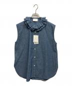 UNITED ARROWSユナイテッドアローズ）の古着「UNITED ARROWS DENIM ラッフルクルーネック ノースリーブ ブラウス」｜インディゴ