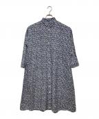 R&D.M.Co-OLDMAN'S TAILORオールドマンズテーラー）の古着「アイリッシュリネンフラワープリント ロングシャツワンピース」｜ホワイト×ネイビー