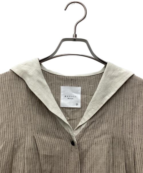 magali（マガリ）MAGALI (マガリ) オーバーダイリネン・セーラー襟ワンピース ベージュ/ストライプ サイズ:SIZE Freeの古着・服飾アイテム