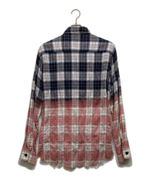 Saint Laurent Paris（サンローランパリ）Saint Laurent Paris (サンローランパリ) フレイドヘムブリーチ加工グラデーションチェック長袖シャツ ネイビー×レッド サイズ:Mの古着・服飾アイテム