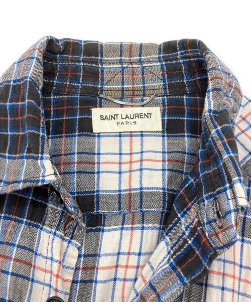 Saint Laurent Paris（サンローランパリ）Saint Laurent Paris (サンローランパリ) フレイドヘムブリーチ加工グラデーションチェック長袖シャツ ネイビー×レッド サイズ:Mの古着・服飾アイテム