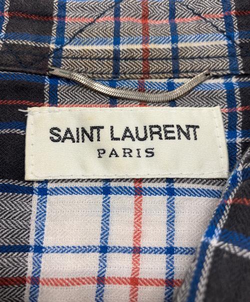 Saint Laurent Paris（サンローランパリ）Saint Laurent Paris (サンローランパリ) フレイドヘムブリーチ加工グラデーションチェック長袖シャツ ネイビー×レッド サイズ:Mの古着・服飾アイテム