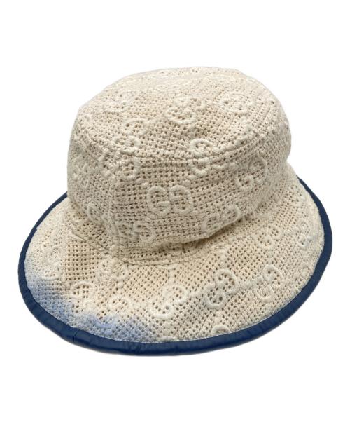GUCCI（グッチ）GUCCI (グッチ) Leather-trimmed crochet bucket / レザートリムド クロシェ バケット ホワイト サイズ:M(57㎝)の古着・服飾アイテム