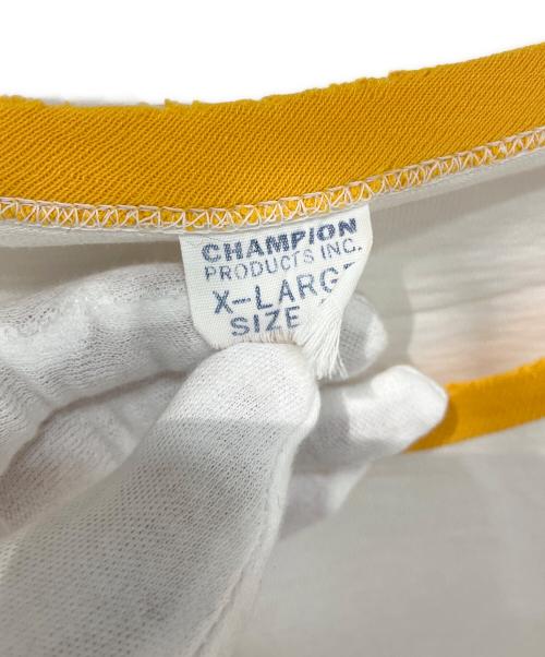 Champion（チャンピオン）Champion (チャンピオン) 染み込みプリント リンガーTシャツ　 60s プロダクツタグ ホワイト×イエロー サイズ:XLの古着・服飾アイテム