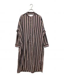 ticca（ティッカ）の古着「ノーカラースクエアビッグロングシャツ」｜ピンクマルチストライプ