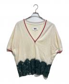MM6 Maison Margielaエムエムシックスメゾンマルジェラ）の古着「レースドッキングVネックカットソー」｜アイボリー×グリーン