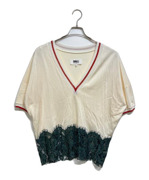 MM6 Maison Margiela（エムエムシックスメゾンマルジェラ）MM6 Maison Margiela (エムエムシックスメゾンマルジェラ) レースドッキングVネックカットソー アイボリー×グリーン サイズ:Sの古着・服飾アイテム