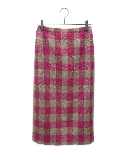 DRAWER（ドゥロワー）DRAWER (ドゥロワー) ブロックチェック シルクネップツイードスカート ピンク×ベージュ サイズ:36の古着・服飾アイテム