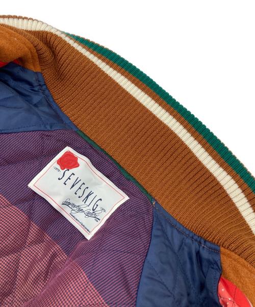 SEVESKIG（セヴシグ）SEVESKIG (セヴシグ) COLOR STUDIUM JUMPER 袖レザースタジャン　ラグランジャケット ブラウン サイズ:Mの古着・服飾アイテム