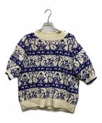 BLAMINKブラミンク）の古着「ジャガードクルーネックショートスリーブニット」｜ホワイト×ブルー