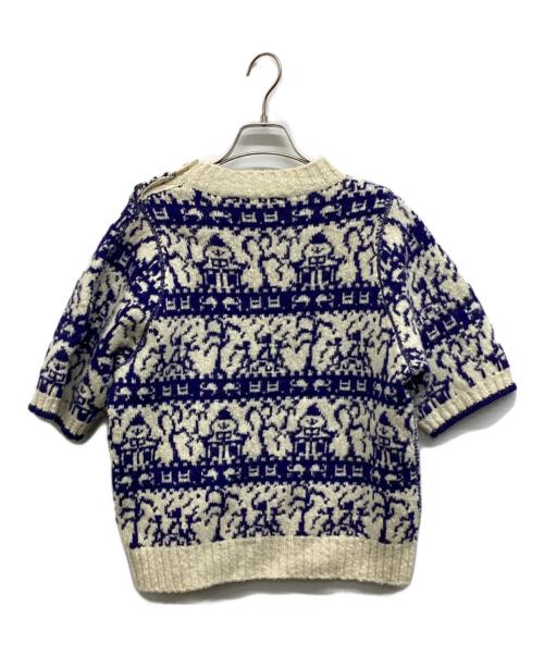 BLAMINK（ブラミンク）BLAMINK (ブラミンク) ジャガードクルーネックショートスリーブニット ホワイト×ブルー サイズ:38の古着・服飾アイテム