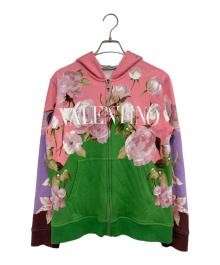 VALENTINO（ヴァレンティノ）の古着「フラワープリントジップパーカー」｜ピンク×グリーン