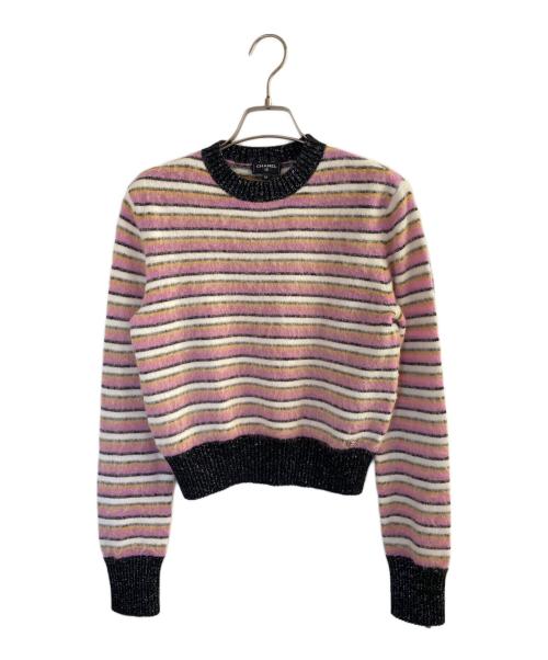 CHANEL（シャネル）CHANEL (シャネル) ボーダー アルパカ混 プルオーバー ニット  ピンク×ブラック サイズ:36の古着・服飾アイテム