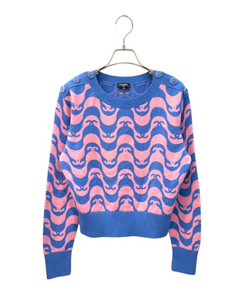 CHANEL（シャネル）CHANEL (シャネル) カシミヤココボタンバイカラーニット ブルー×ピンク サイズ:38の古着・服飾アイテム