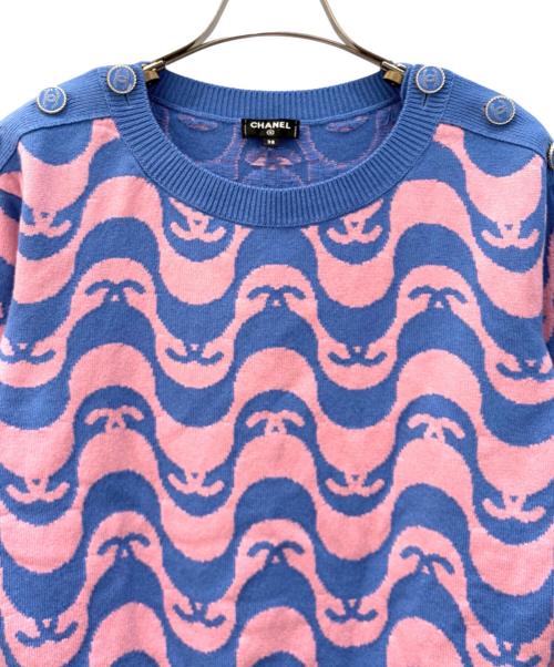 CHANEL（シャネル）CHANEL (シャネル) カシミヤココボタンバイカラーニット ブルー×ピンク サイズ:38の古着・服飾アイテム
