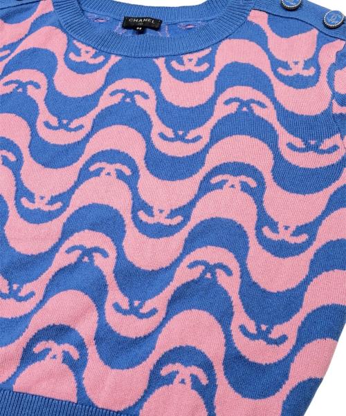 CHANEL（シャネル）CHANEL (シャネル) カシミヤココボタンバイカラーニット ブルー×ピンク サイズ:38の古着・服飾アイテム