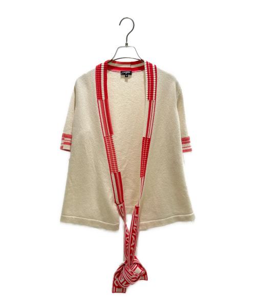 CHANEL（シャネル）CHANEL (シャネル) ロゴベルト 半袖ラップカーディガン ホワイト×ピンク サイズ:38 未使用品の古着・服飾アイテム