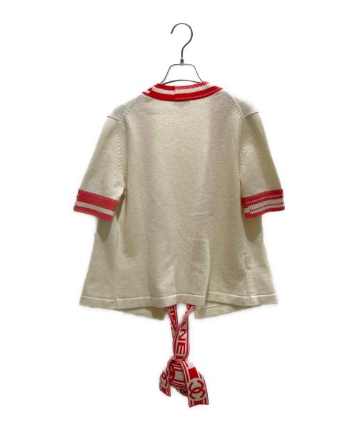 CHANEL（シャネル）CHANEL (シャネル) ロゴベルト 半袖ラップカーディガン ホワイト×ピンク サイズ:38 未使用品の古着・服飾アイテム