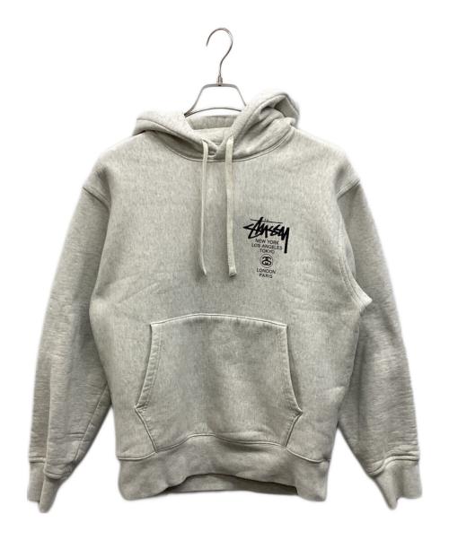 stussy（ステューシー）stussy (ステューシー) WORLD TOUR HOODIE ライトグレー サイズ:Sの古着・服飾アイテム