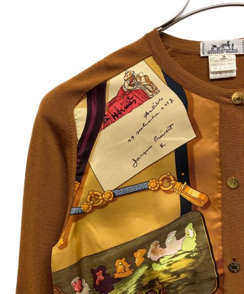 HERMES（エルメス）HERMES (エルメス) スカーフ柄 ウールシルクカーディガン ブラウン×イエロー サイズ:38の古着・服飾アイテム