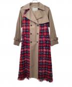 GRACE CLASSグレースクラス）の古着「チェックツイード切替トレンチコート」｜レッド×ベージュ