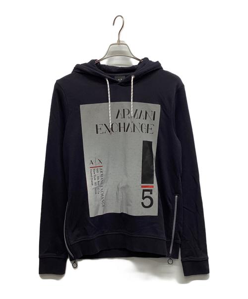 ARMANI EXCHANGE（アルマーニ エクスチェンジ）ARMANI EXCHANGE (アルマーニ エクスチェンジ) スクエアグラフィックロゴデザイン スウェットパーカ ネイビー サイズ:Sの古着・服飾アイテム