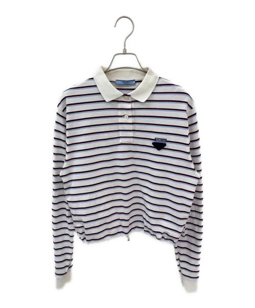 PRADA（プラダ）PRADA (プラダ) ストライプ ピケ ポロシャツ クレイ/ブロンズ/ライトグレー サイズ:36の古着・服飾アイテム