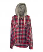 NUMBER (N)INEナンバーナイン）の古着「THS刺繍 ネップ加工 チェック フランネル フード付シャツ」｜レッド