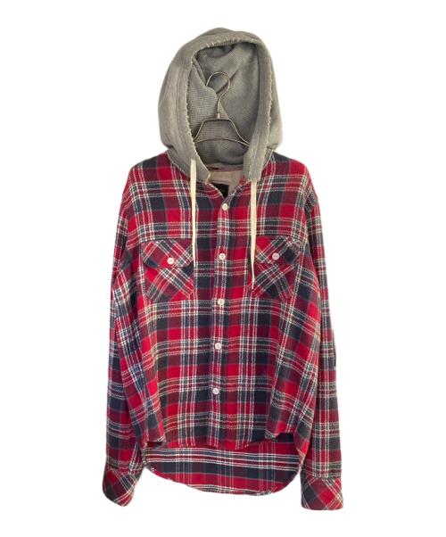 NUMBER (N)INE（ナンバーナイン）NUMBER (N)INE (ナンバーナイン) THS刺繍 ネップ加工 チェック フランネル フード付シャツ レッド サイズ:2の古着・服飾アイテム