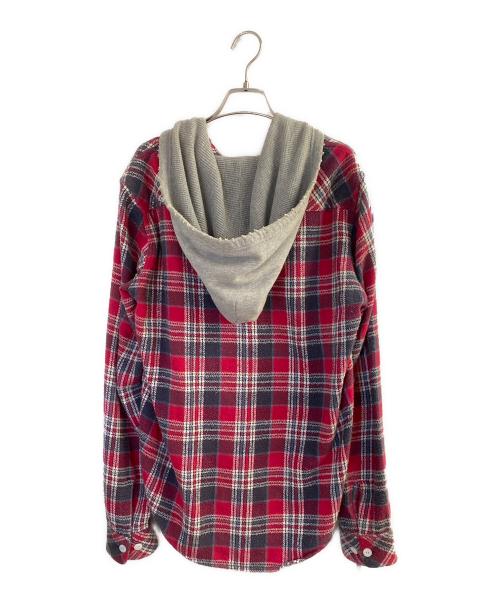 NUMBER (N)INE（ナンバーナイン）NUMBER (N)INE (ナンバーナイン) THS刺繍 ネップ加工 チェック フランネル フード付シャツ レッド サイズ:2の古着・服飾アイテム