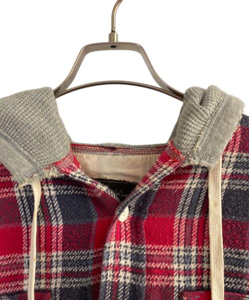 NUMBER (N)INE（ナンバーナイン）NUMBER (N)INE (ナンバーナイン) THS刺繍 ネップ加工 チェック フランネル フード付シャツ レッド サイズ:2の古着・服飾アイテム