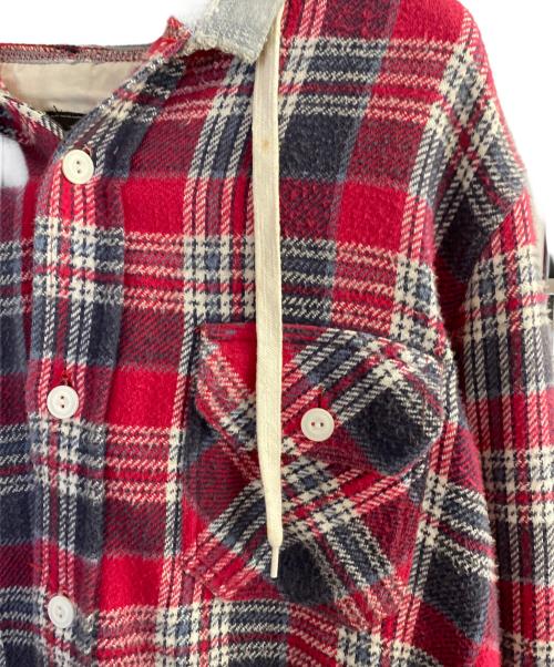 NUMBER (N)INE（ナンバーナイン）NUMBER (N)INE (ナンバーナイン) THS刺繍 ネップ加工 チェック フランネル フード付シャツ レッド サイズ:2の古着・服飾アイテム