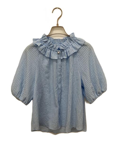 NOLLEY'S sophi（ノーリーズソフィー）NOLLEY'S sophi (ノーリーズソフィー) サッカーチェックフリルネックブラウス スカイブルー サイズ:38の古着・服飾アイテム