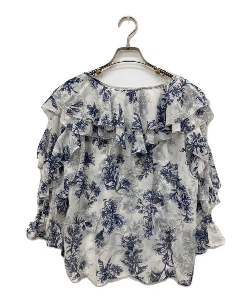 stola.（ストラ）stola. (ストラ) トワルドジュイ風プリントフリルブラウス ホワイト サイズ:38の古着・服飾アイテム