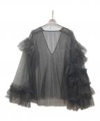 la belle etudeラベルエチュード）の古着「VネックボリュームチュールギャザーハーフスリーブTOPS」｜ブラック