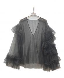 la belle etude（ラベルエチュード）の古着「VネックボリュームチュールギャザーハーフスリーブTOPS」｜ブラック