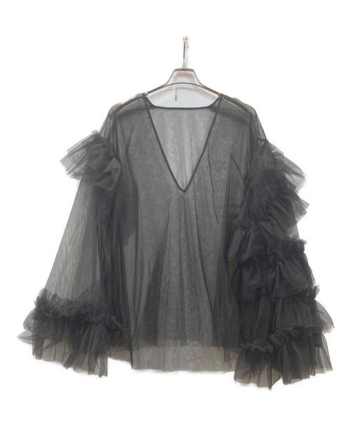 la belle etude（ラベルエチュード）la belle Etude (ラベルエチュード) VネックボリュームチュールギャザーハーフスリーブTOPS ブラック サイズ:FREEの古着・服飾アイテム