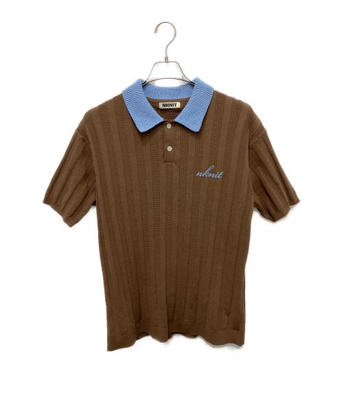 NKNIT（ンニット）NKNIT (ンニット) mix gauge logo KNIT shirts ブラウン×ブルー サイズ:2の古着・服飾アイテム