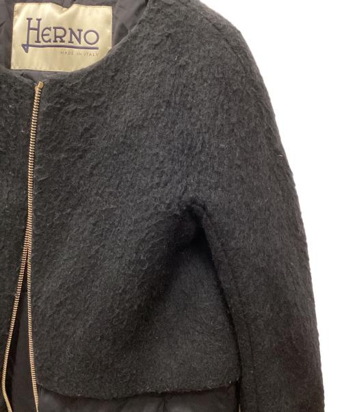 HERNO（ヘルノ）HERNO (ヘルノ) ネックウォーマー付きウール切替ノーカラーダウンコート ブラック サイズ:40の古着・服飾アイテム