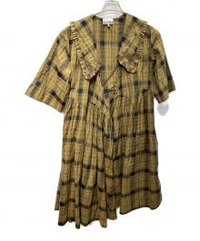 GANNI（ガニー）の古着「ピーターパンカラーチェックワンピース　6369」｜ベージュ×ネイビー