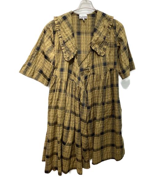 GANNI（ガニー）GANNI (ガニー) ピーターパンカラーチェックワンピース　6369 ベージュ×ネイビー サイズ:S/Mの古着・服飾アイテム