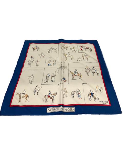 HERMES（エルメス）HERMES (エルメス) カレ45　VOYAGE AU NIGER/ニジェールへの旅　プチスカーフ ネイビー×アイボリーの古着・服飾アイテム