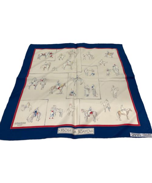 HERMES（エルメス）HERMES (エルメス) カレ45　VOYAGE AU NIGER/ニジェールへの旅　プチスカーフ ネイビー×アイボリーの古着・服飾アイテム