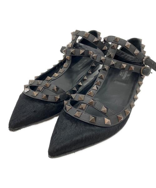 VALENTINO GARAVANI（ヴァレンティノ・ガラヴァーニ）VALENTINO GARAVANI (ヴァレンティノ・ガラヴァーニ) ロックスタッズ ハラコフラットパンプス ブラック サイズ:35の古着・服飾アイテム