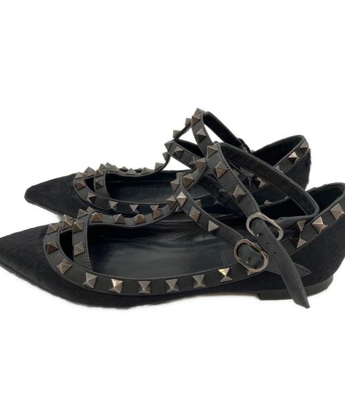 VALENTINO GARAVANI（ヴァレンティノ・ガラヴァーニ）VALENTINO GARAVANI (ヴァレンティノ・ガラヴァーニ) ロックスタッズ ハラコフラットパンプス ブラック サイズ:35の古着・服飾アイテム