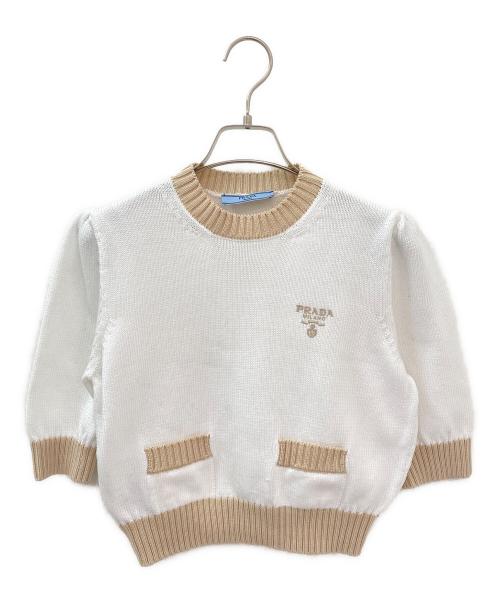 PRADA（プラダ）PRADA (プラダ) コットンクルーネックニット ホワイト×ベージュ サイズ:38の古着・服飾アイテム
